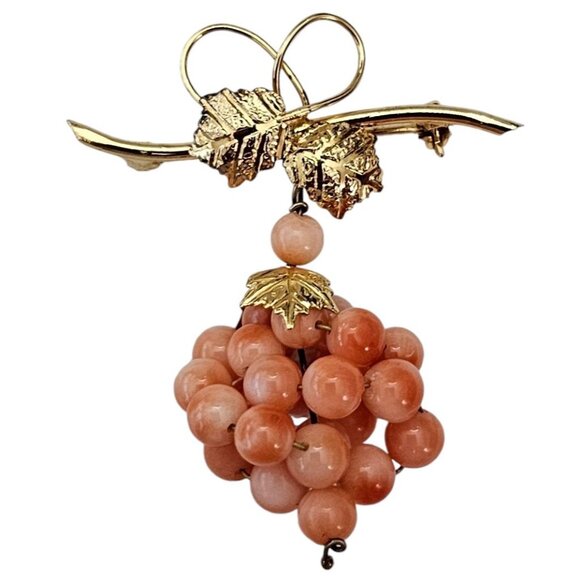 Glass Coral Bead Grape Cluster Brooch, Vermeil 800 Silver Vine Dangle Pin L532 - Picture 8 of 8